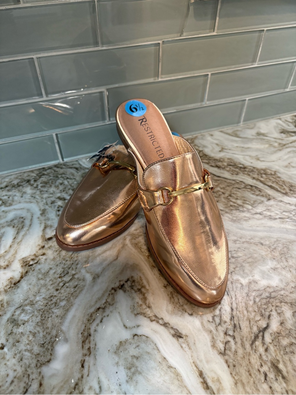 Restricted Mozart Rose  Gold Metallic Mules NWT Size 6.5